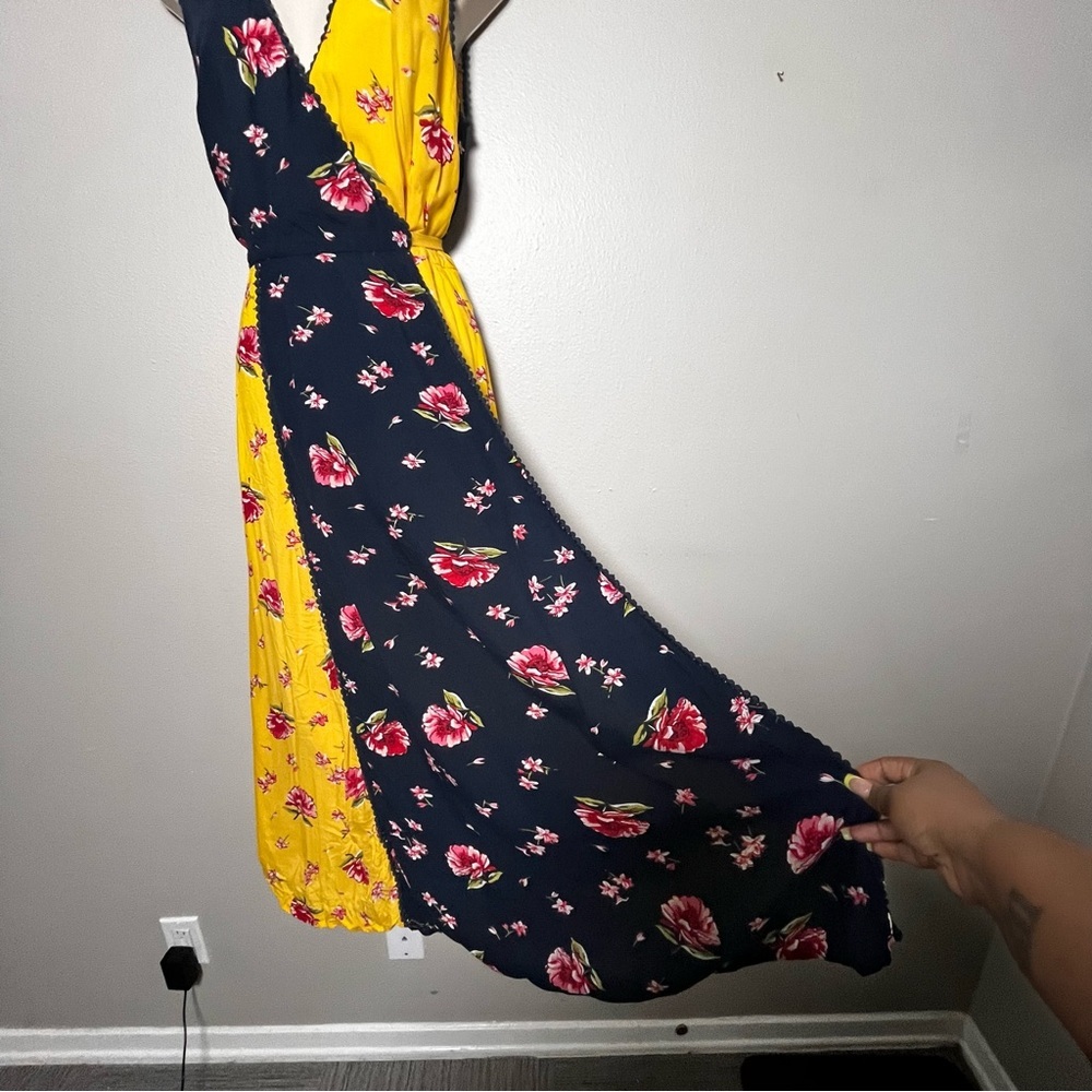 eShakti Wayward Fancies Women Dress Medium Blue Yellow Floral Wrap Summer - Picture 4 of 10